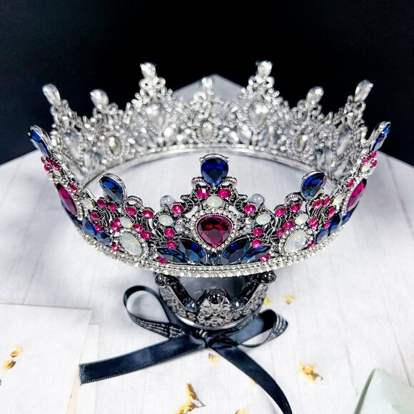 Purple Crown, Royal Queen Crown, Princess Birthday Crown, Blue Crystal Crown - Picture 8 of 9